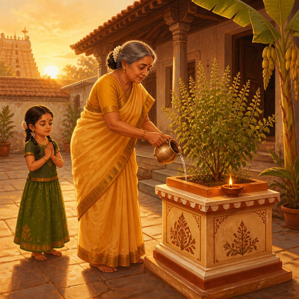 A grandmother watering the tulasi plant in a Madurai courtyard at dawn