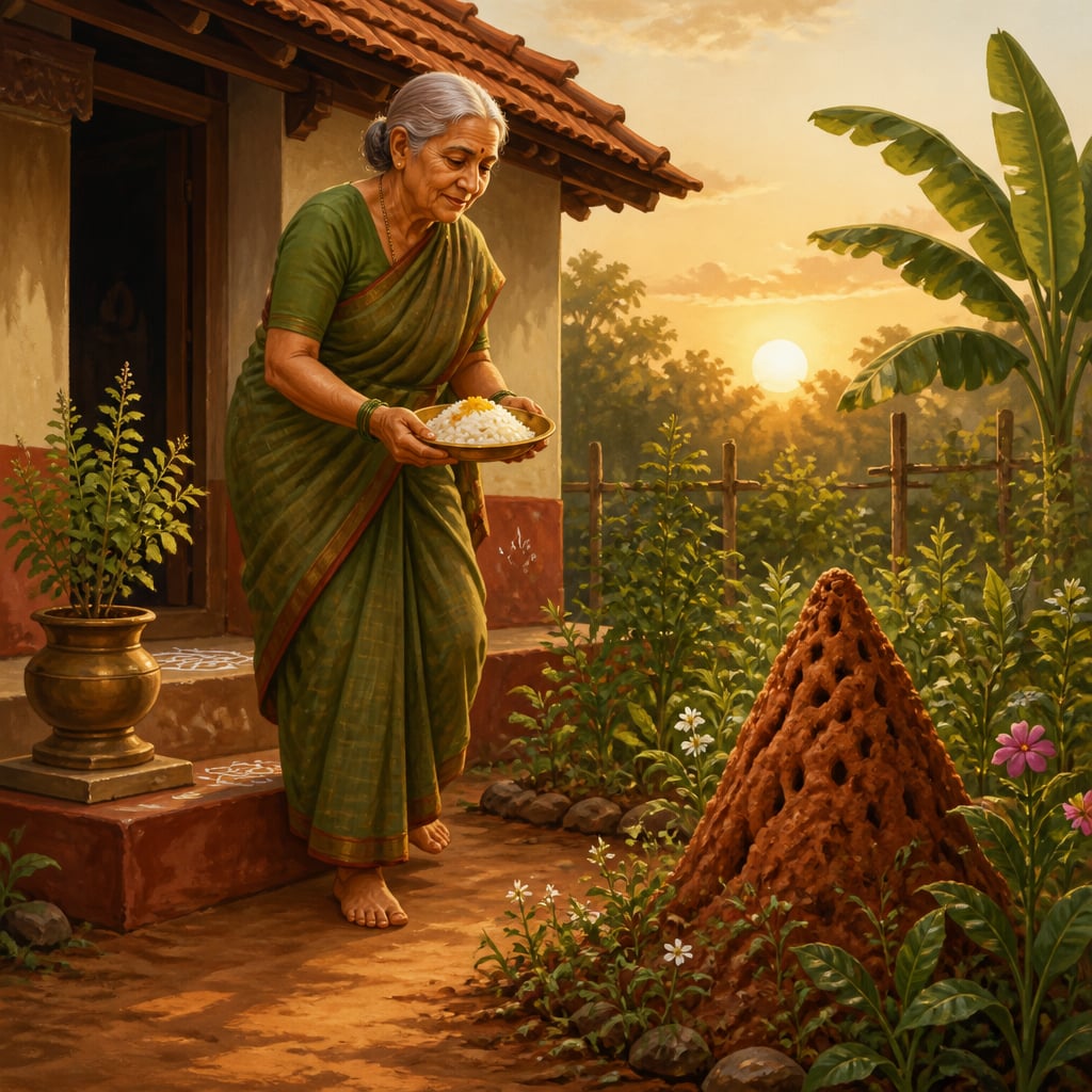 A Karnataka grandmother offering cooked rice at an anthill behind her house