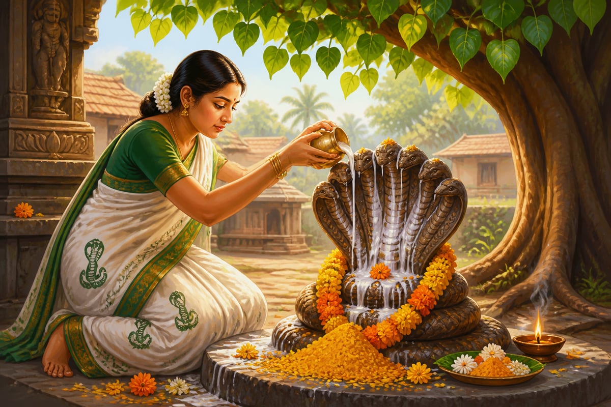 A devotee pouring milk on a stone naga idol on Naga Panchami