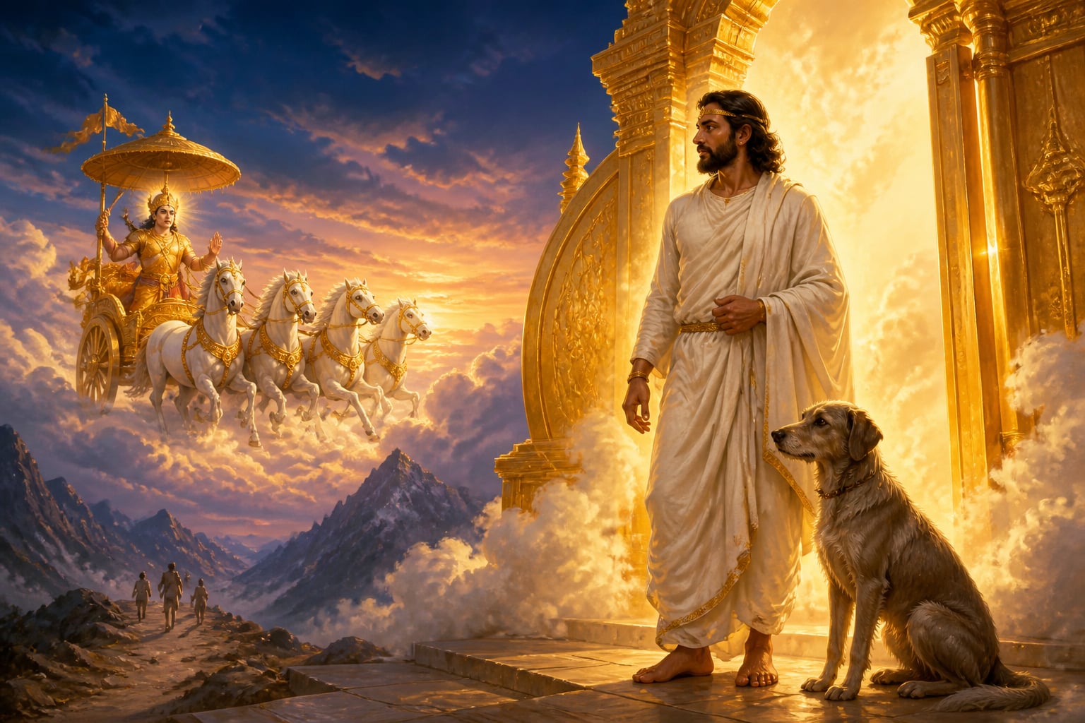 Yudhishthira at the gate of heaven refusing to leave the dog