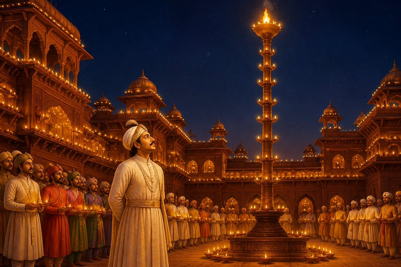 Emperor Akbar honouring Diwali at the Fatehpur Sikri palace with the akash deepa pole