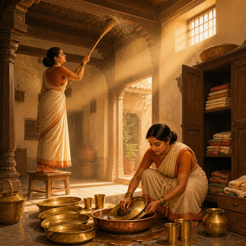 A Hindu household running the pre Diwali deep clean two weeks before the festival