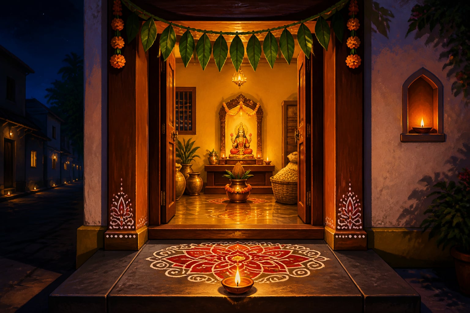 A single Diwali diya burning at a freshly cleaned home doorway at night