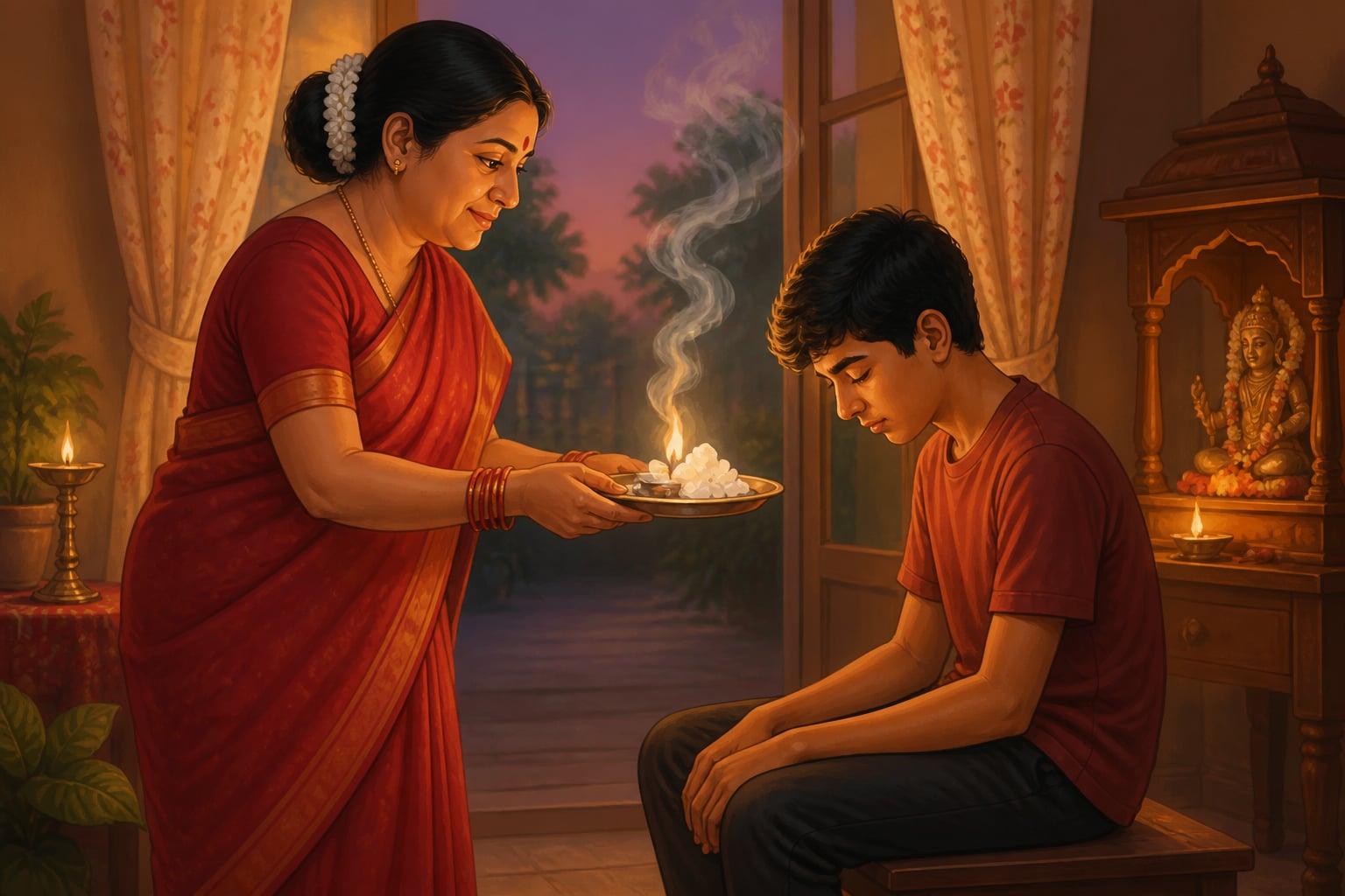 An auntie performing the camphor nazar utarna aarti