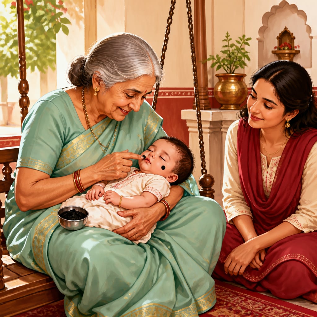 A grandmother applying the kala teeka to her sleeping grandchild