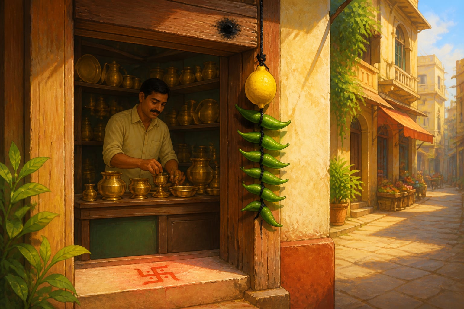A fresh nimbu mirchi string at a Mumbai shop doorway