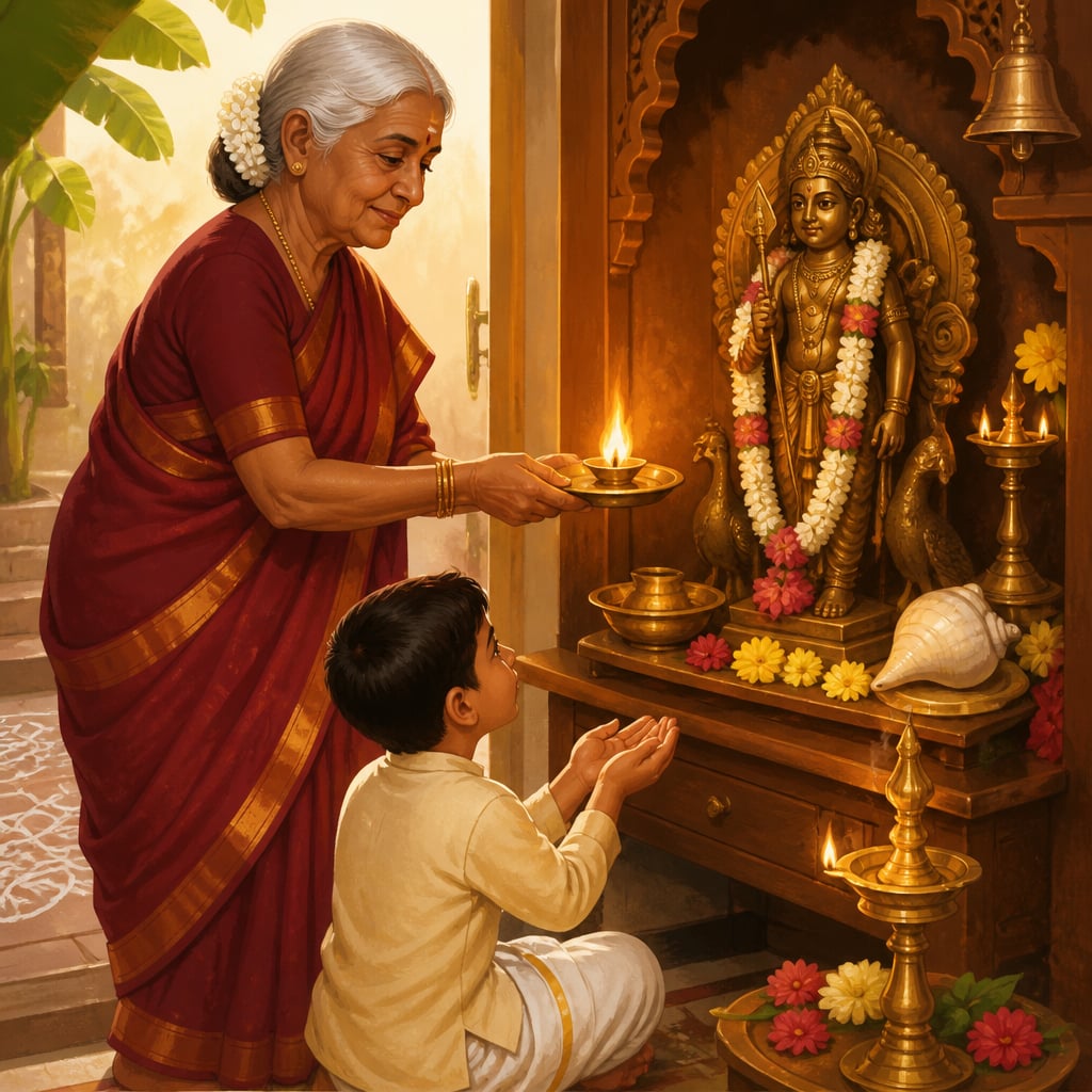 A Madurai paati performing the karpura aarti at her home altar