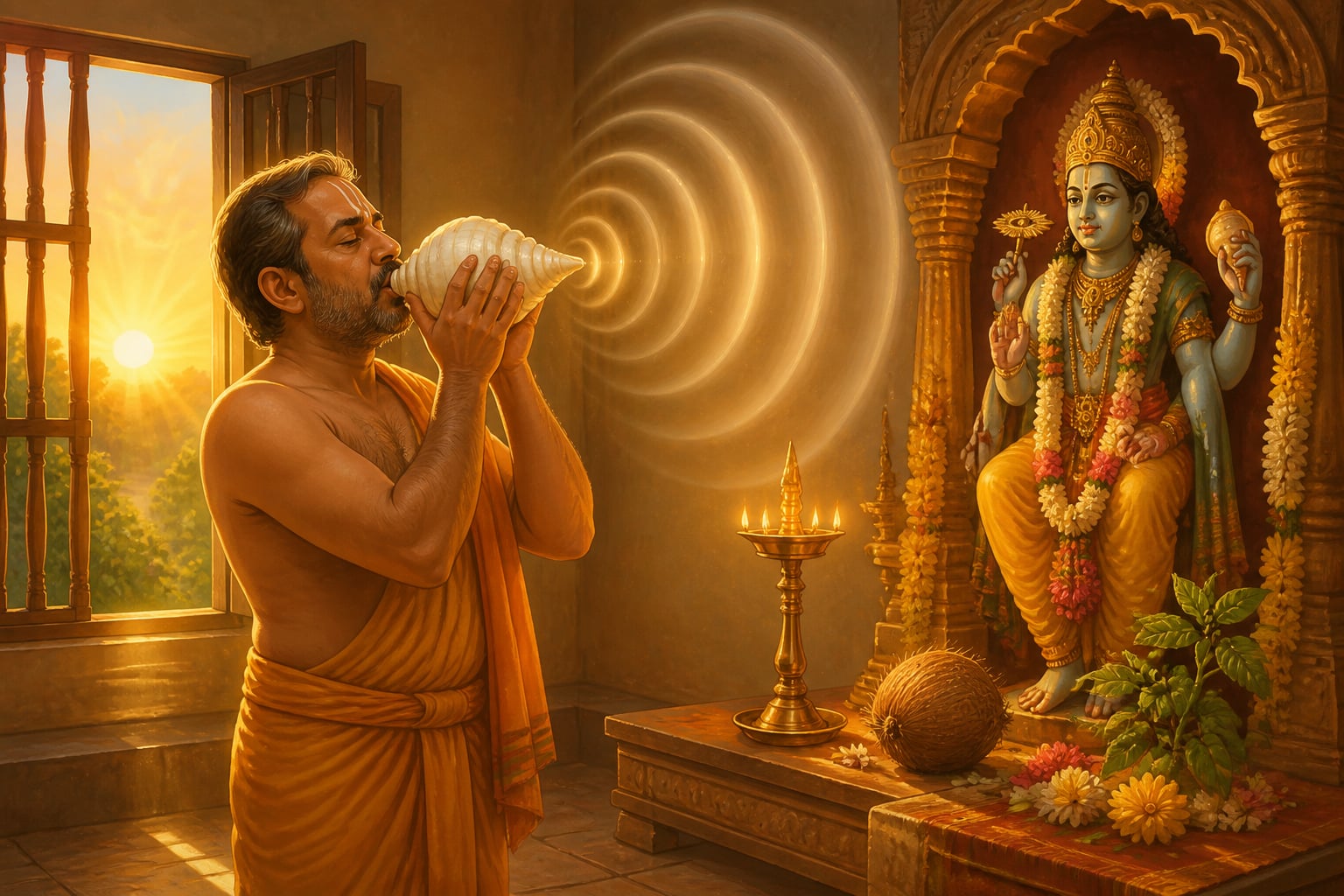 A householder blowing the shankha conch at his prayer alcove