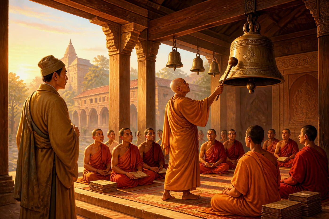 Xuanzang watching a monk strike the ashtadhatu bell at Nalanda