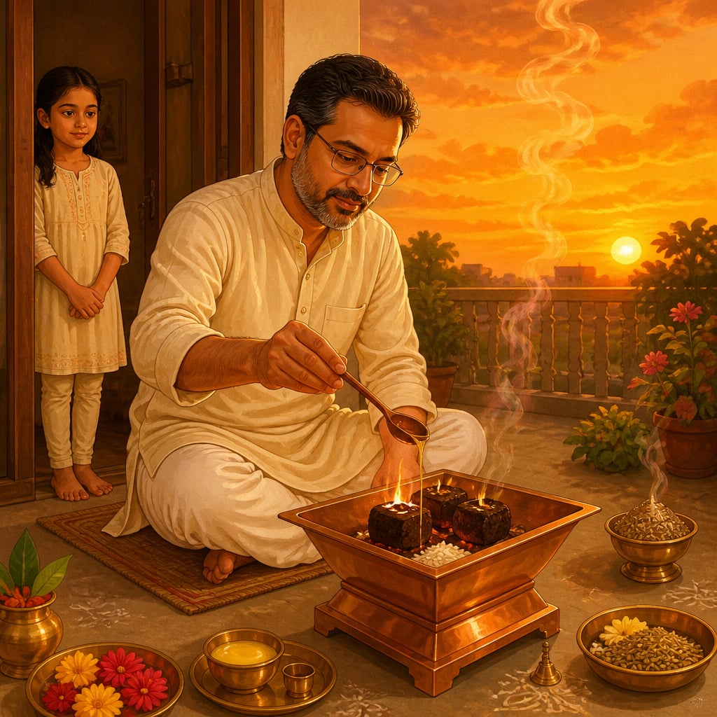 Anand performing the evening Agnihotra at his copper kund in Pune
