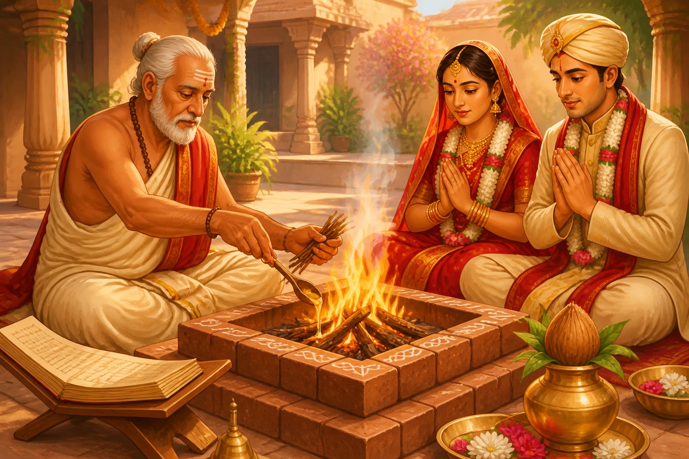 A brahmin priest performing a wedding havan at a square kund