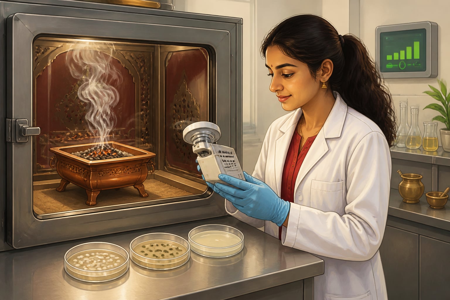A scientist measuring airborne bacteria after a havan inside a sealed chamber