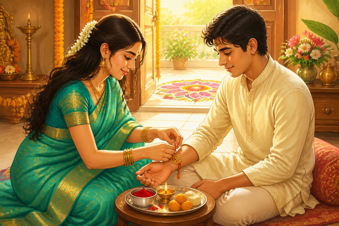 A sister tying the rakhi thread on her brother's wrist at Raksha Bandhan