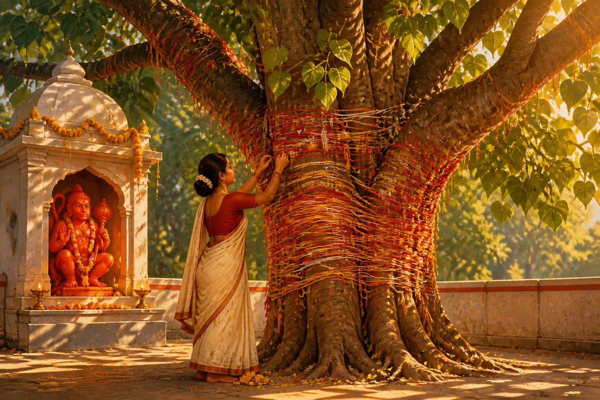 Vow-threads tied along an ancient peepal tree in a temple courtyard
