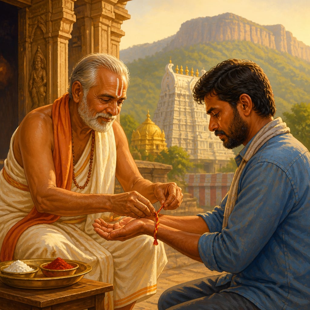 A Tirumala priest tying the raksha sutra on a lorry driver's wrist