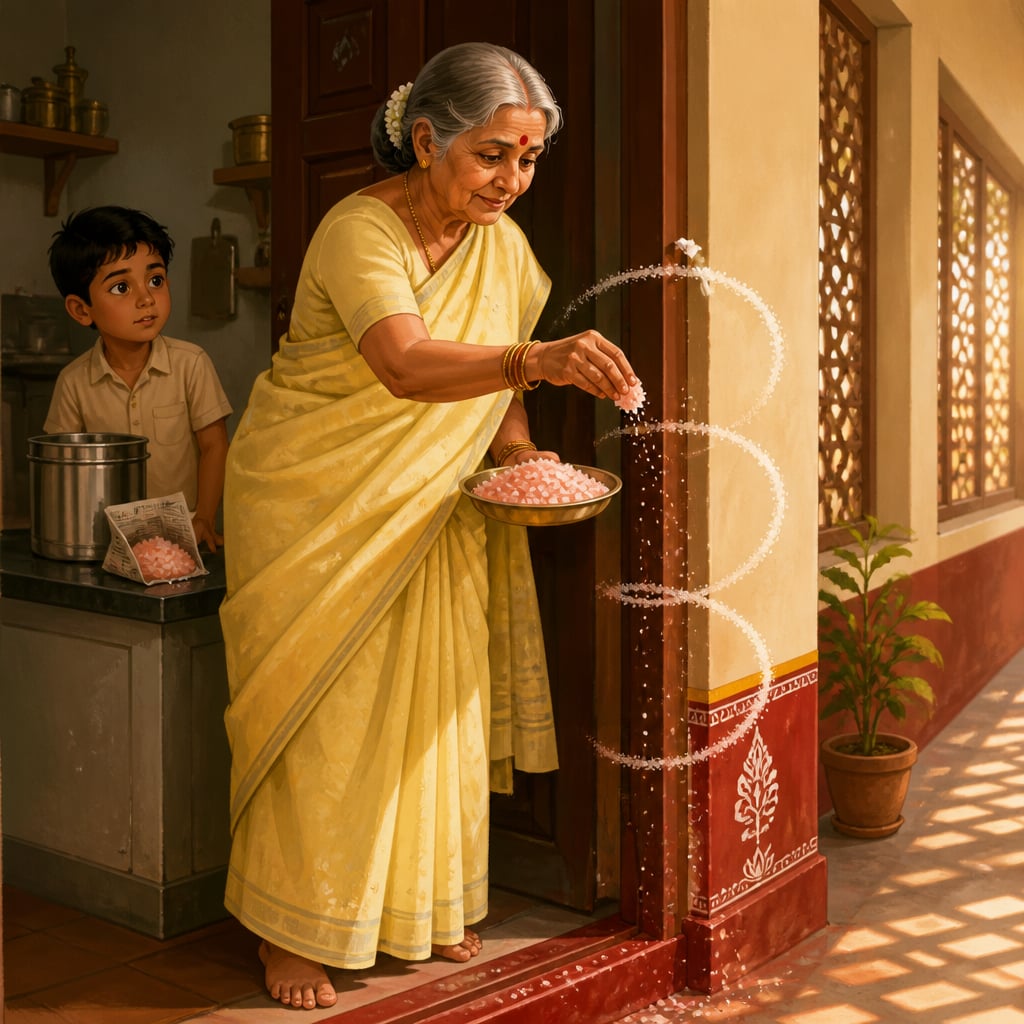 An ammamma sprinkling rock salt around the threshold of her home