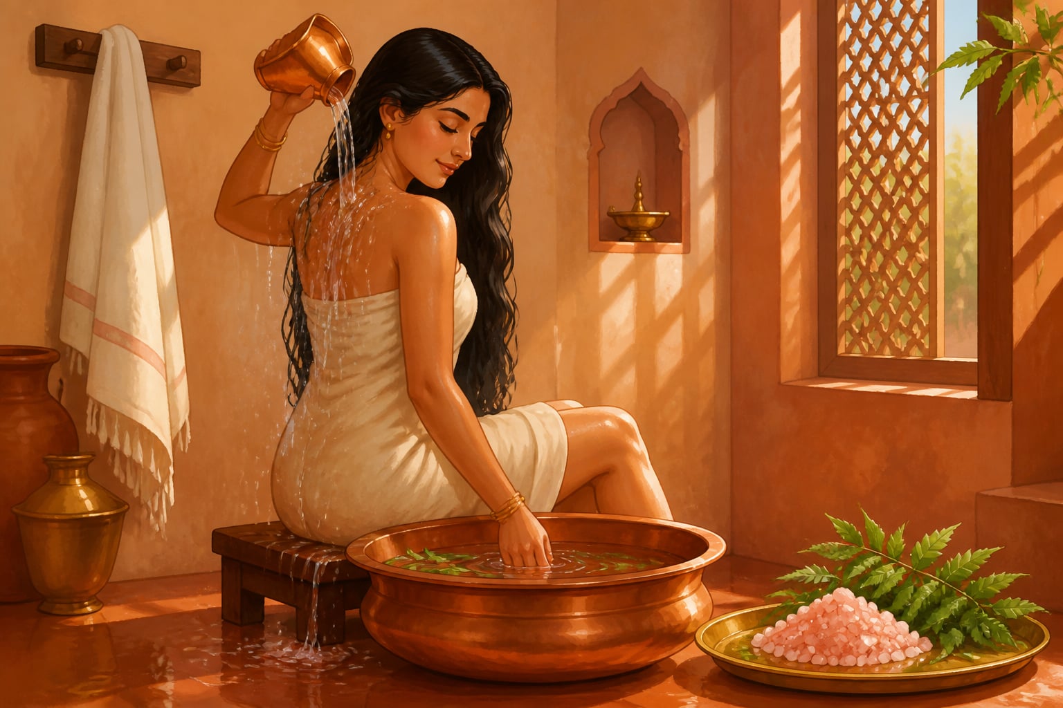 A woman bathing with rock-salt and neem water in a copper urli