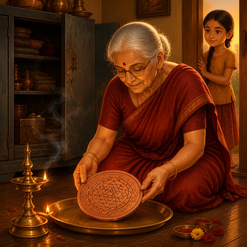Saraswati ajji placing the Sri Yantra copper plate on the brass thali