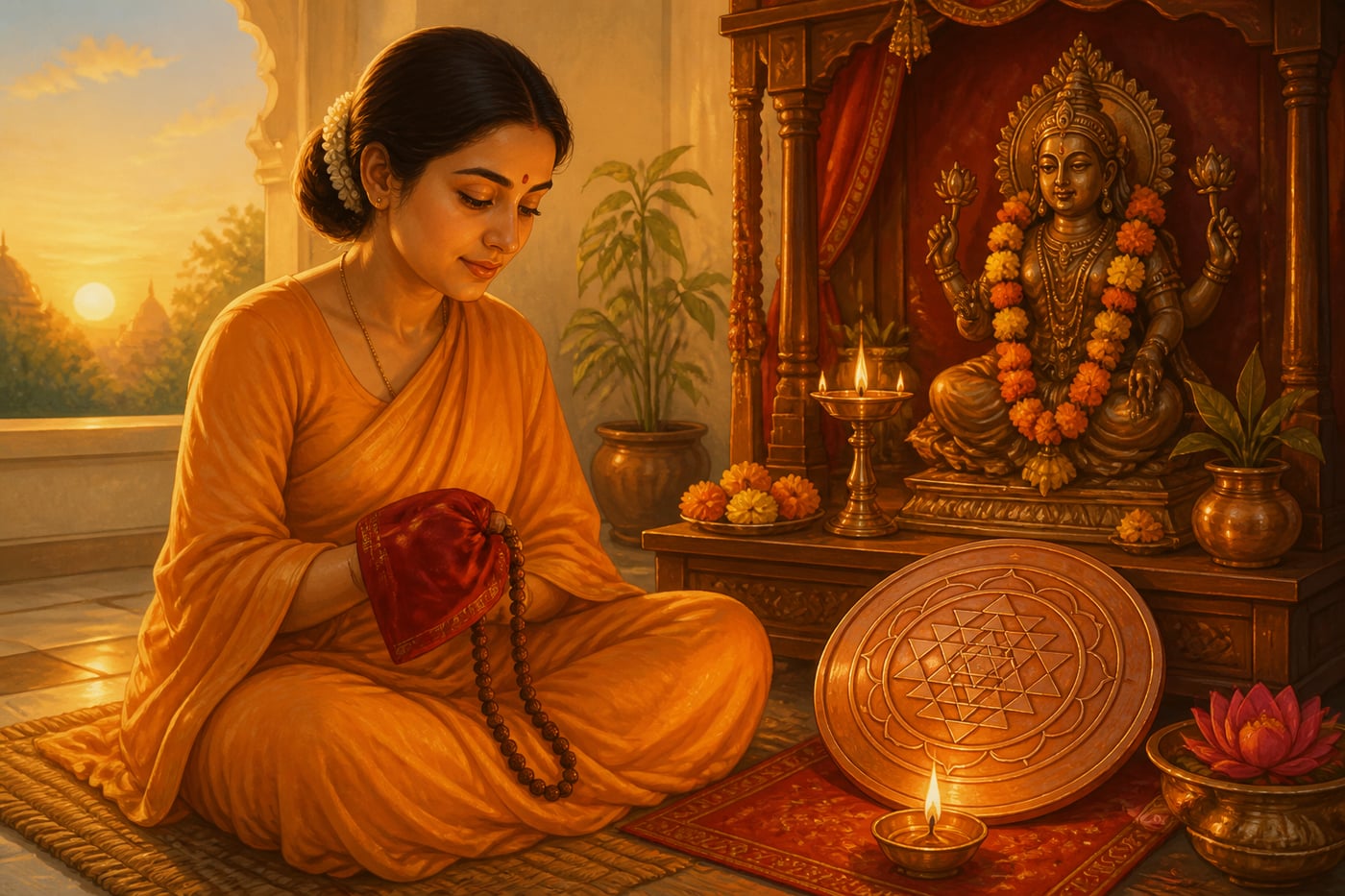 A young woman counting bija mantras on a rudraksha japa mala at dawn