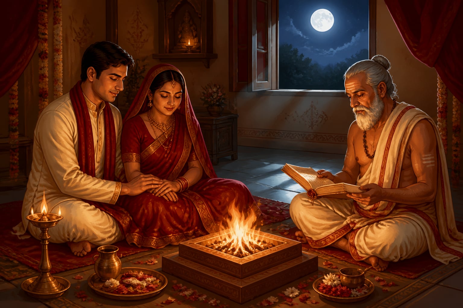 Vedic priest reciting the Atharva Garbhadhana hymn at moonlight