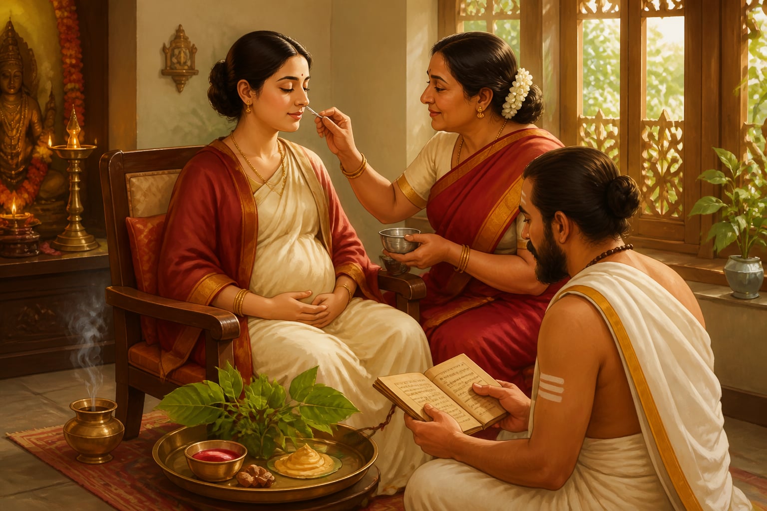 Pumsavana banyan-shoot juice offered to a pregnant woman
