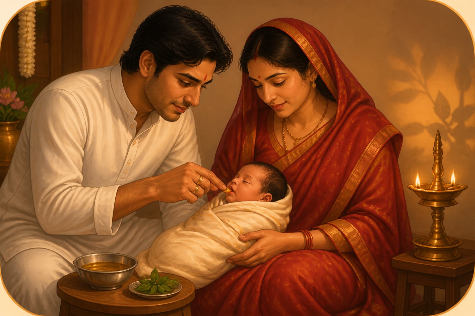 Father offering a first taste of honey and ghee at Jatakarma