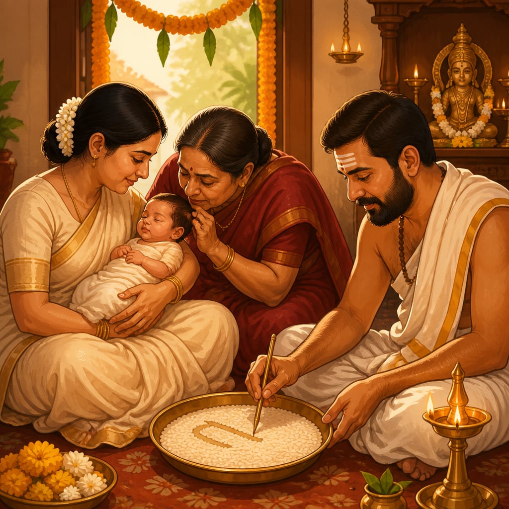 Grandmother whispering the chosen name into a newborn's ear