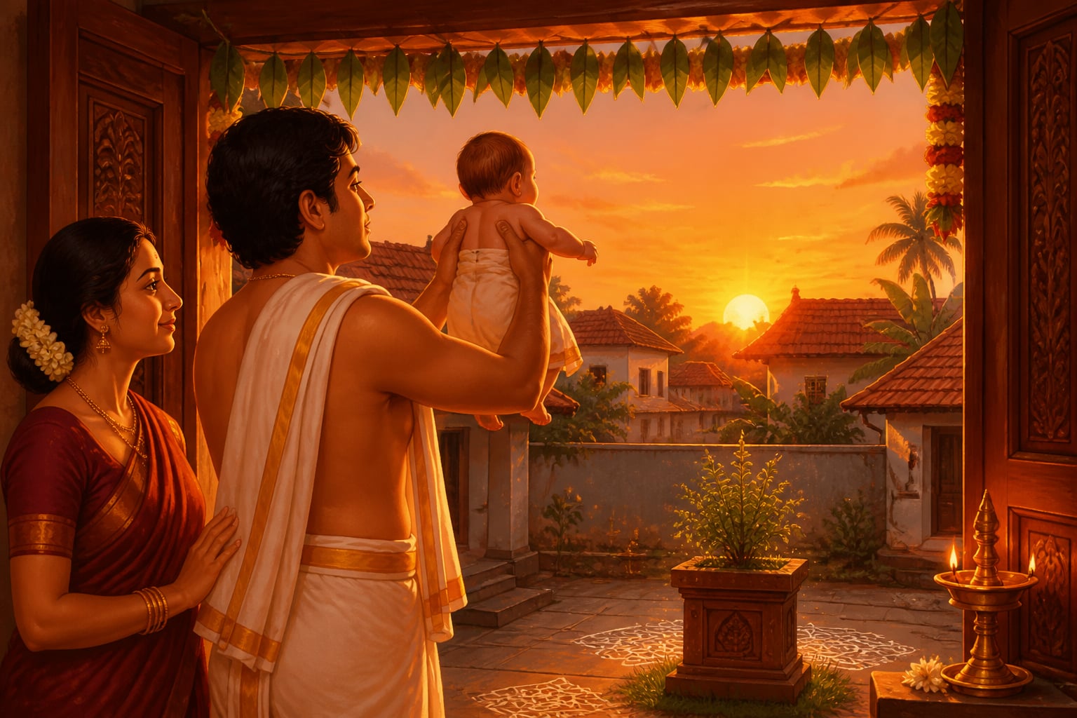 Father showing his infant the sunrise at Nishkramana