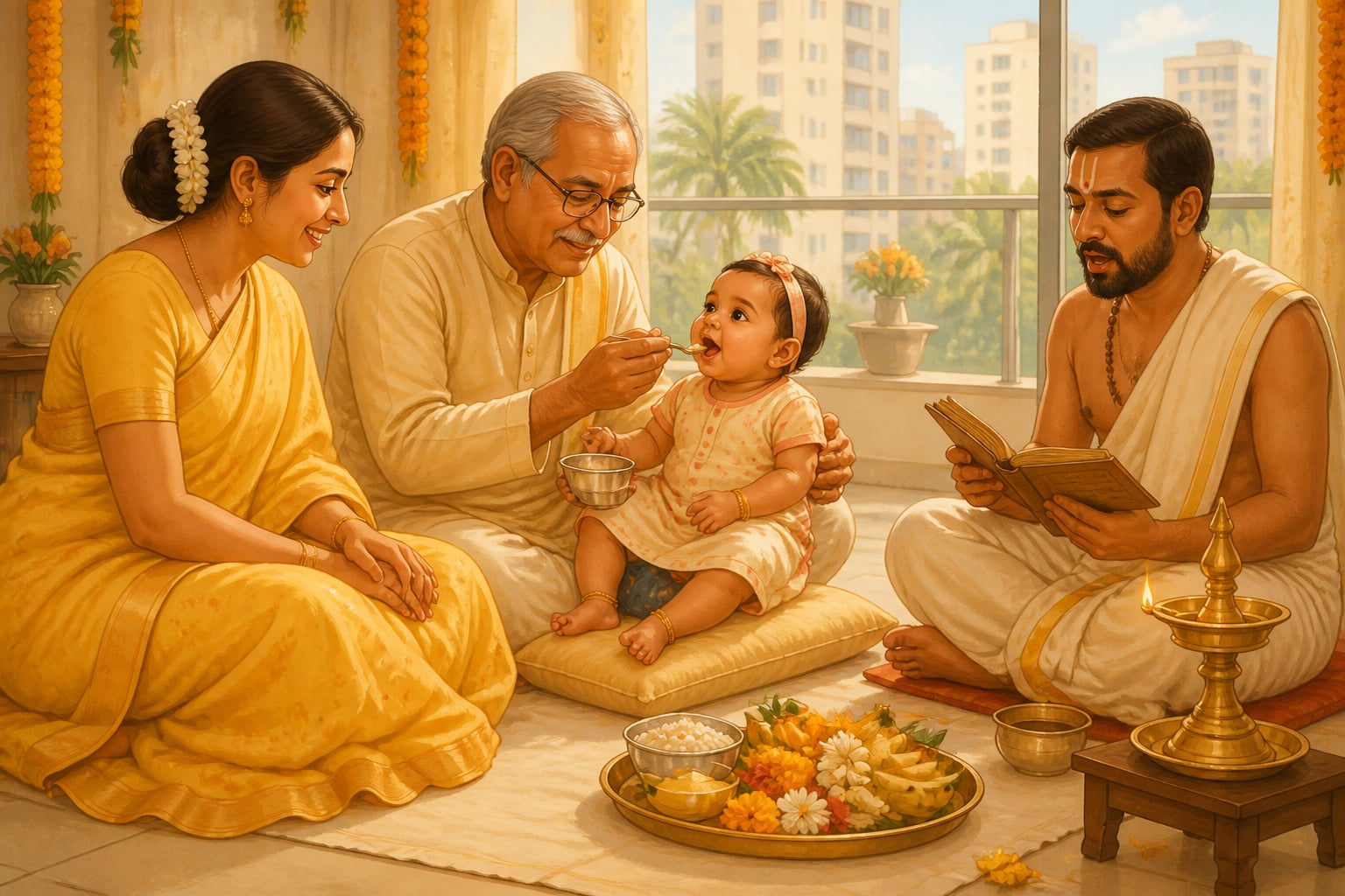 Grandfather feeding a baby her first rice at Annaprashana