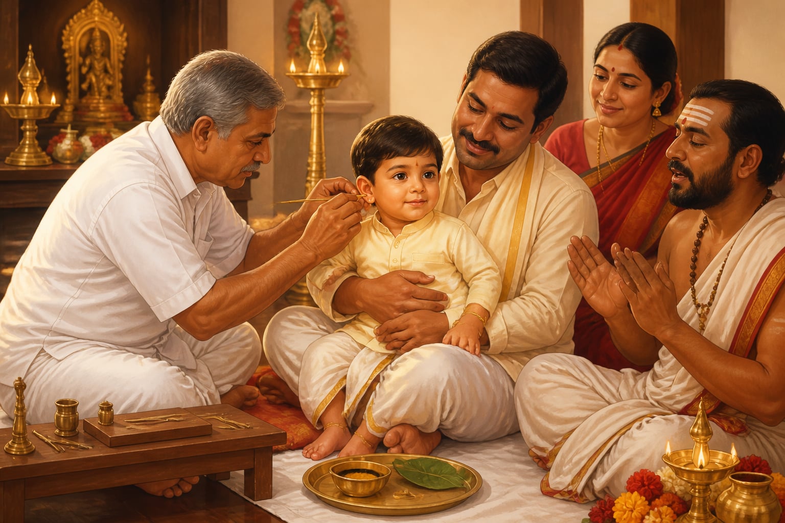 Goldsmith piercing a child's earlobe at Karnavedha