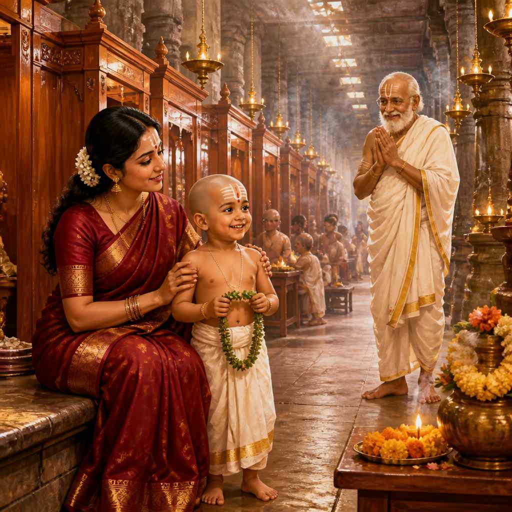 Mother and one-year-old at the Tirumala chudakarana tonsuring hall