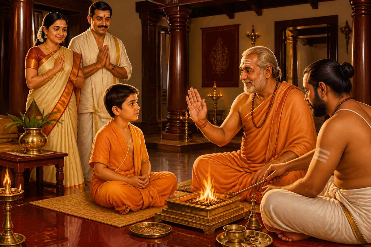 Guru whispering the Gayatri mantra into a new brahmacharin's ear