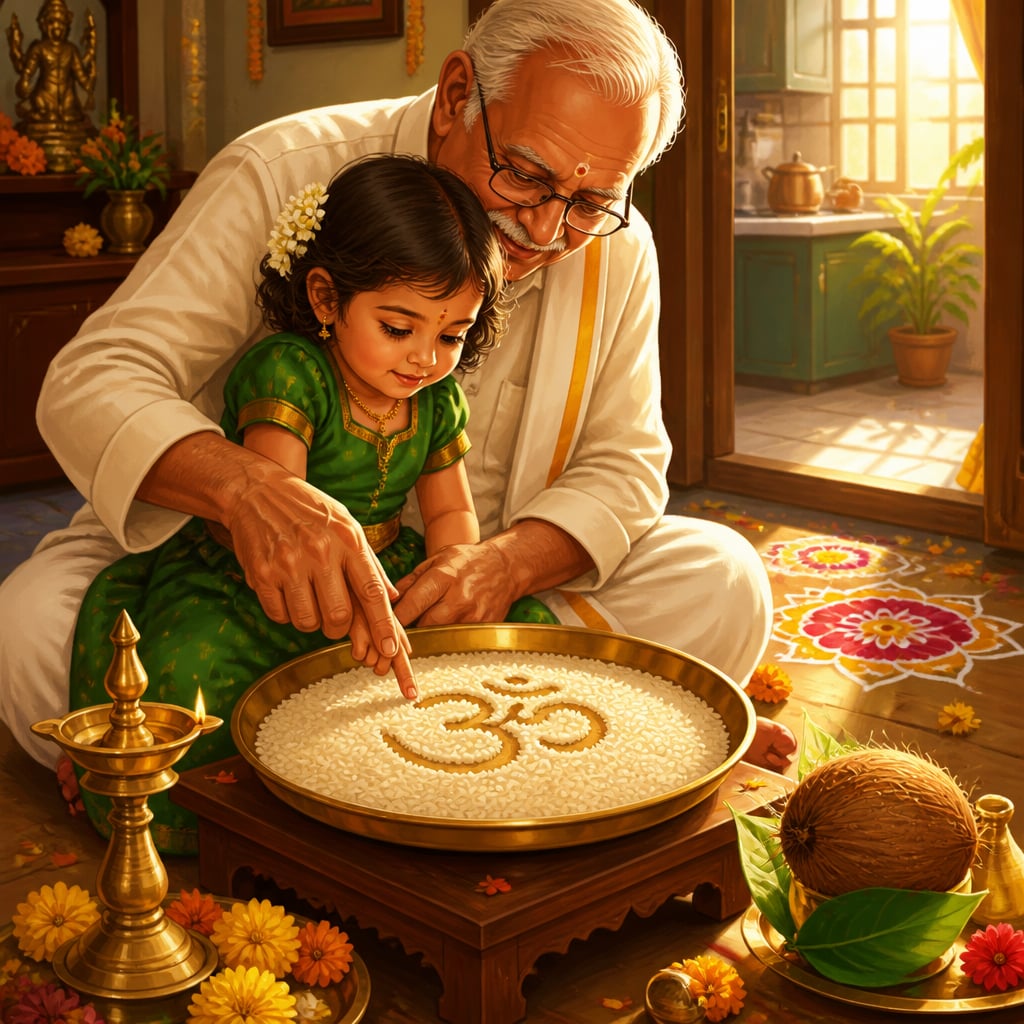 Grandfather guiding a child's first letter on a tray of rice