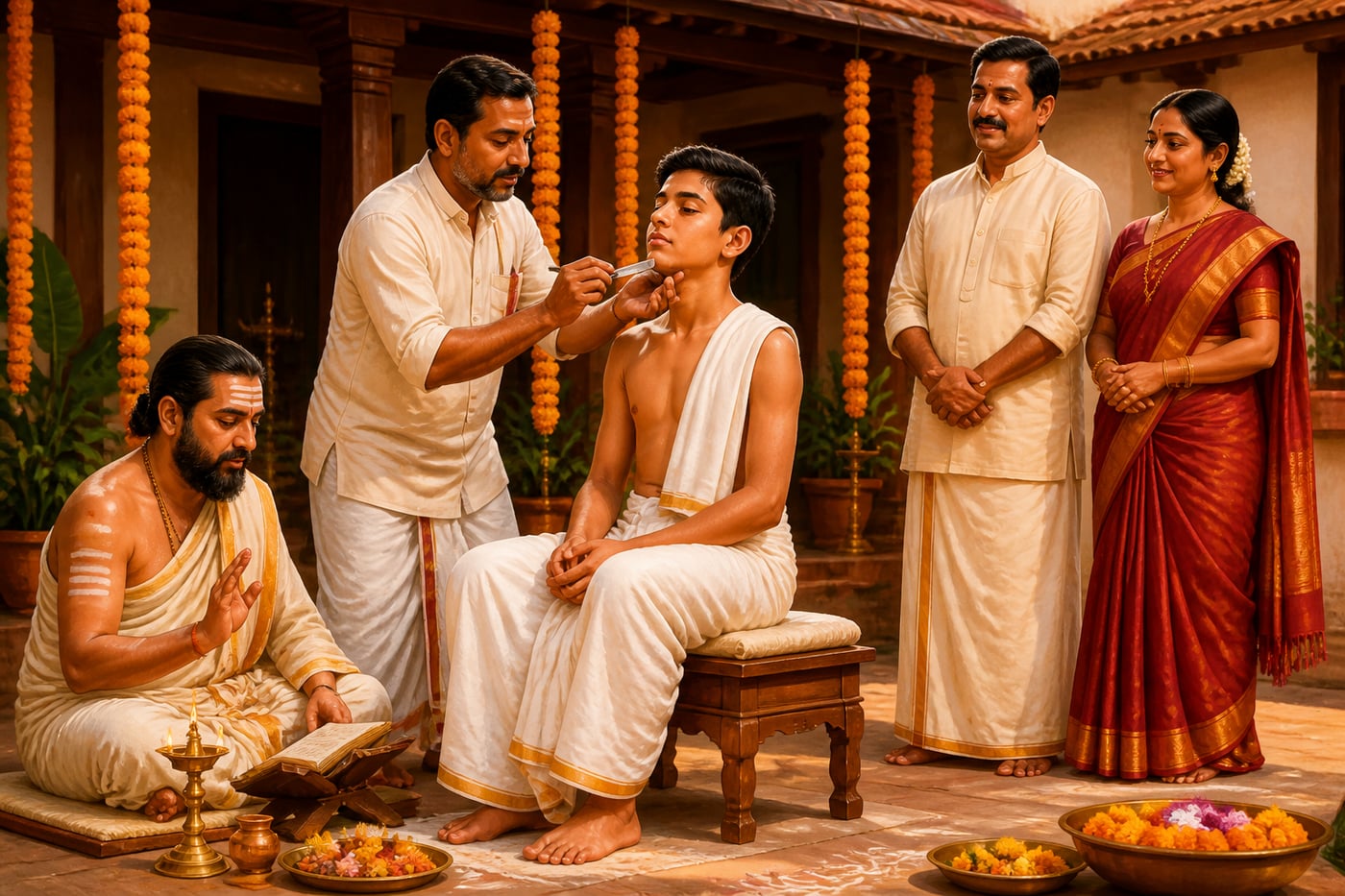 Family barber giving a young man his first ritual Keshanta shave