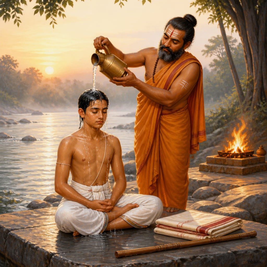Acharya bathing a snataka at the Tunga river for Samavartana
