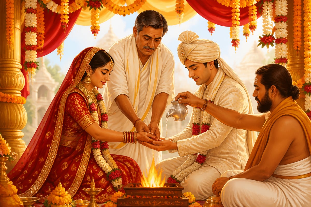 Father placing his daughter's hand into the groom's at Kanyadaan