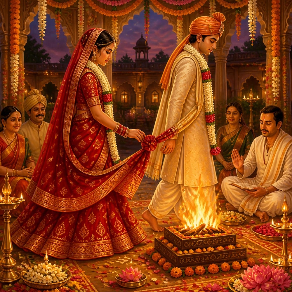 Bride and groom taking the Saptapadi seventh step around the fire