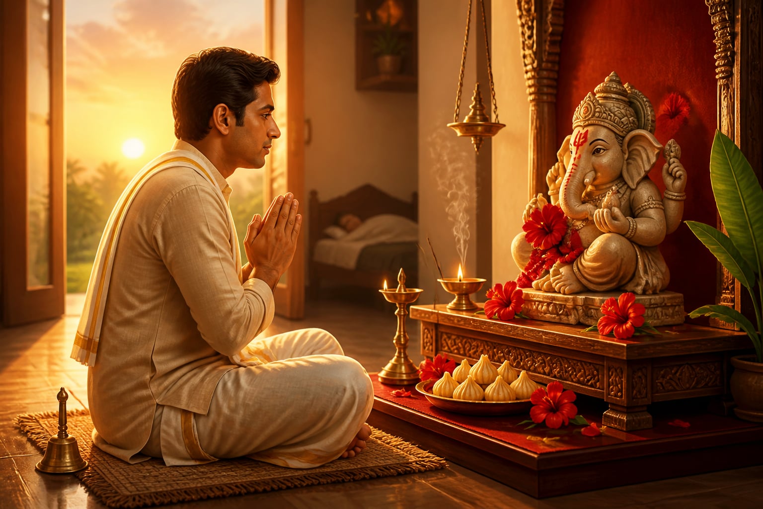 A householder doing Ganapati vandana at the home shrine at dawn