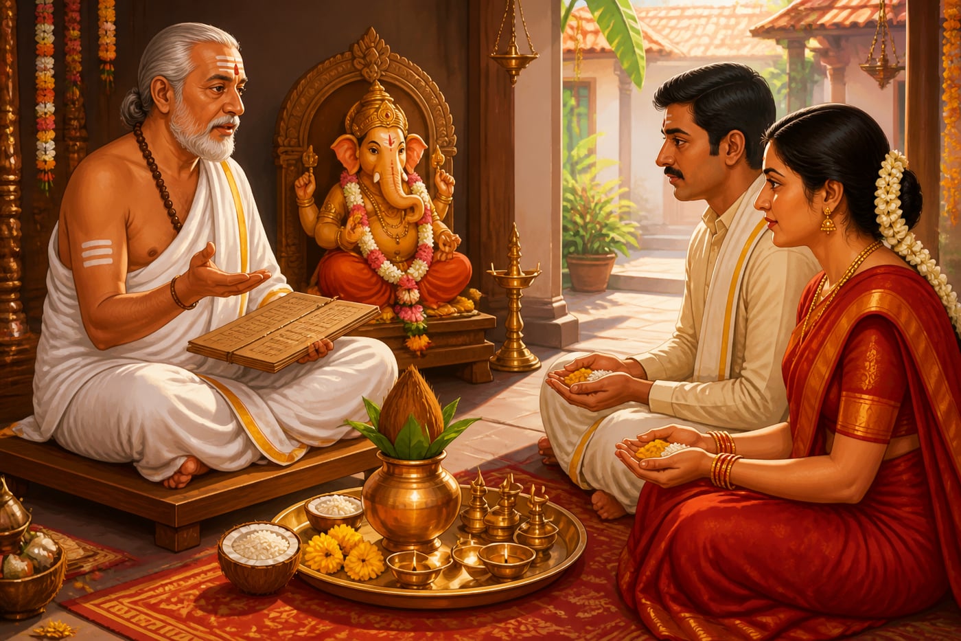 A temple priest speaking the formal sankalpa at a household ceremony
