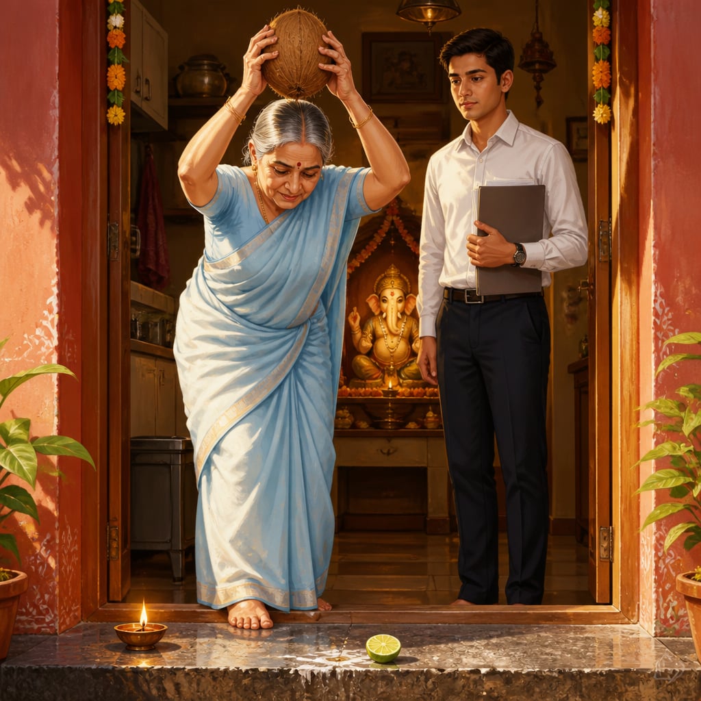 A Pune grandmother breaking a coconut at the doorstep before her grandson's interview