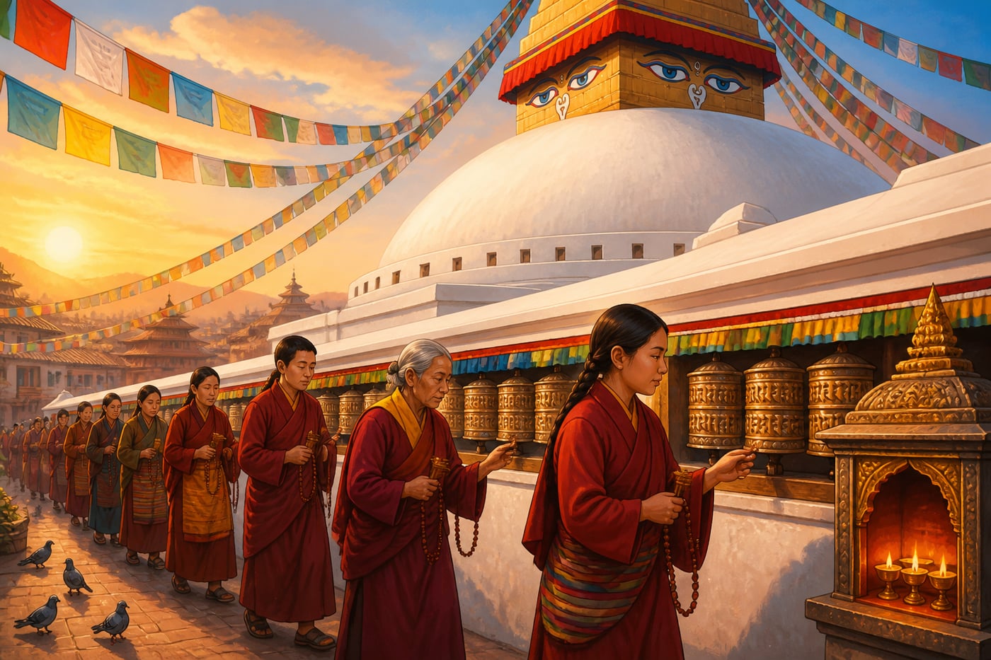 Tibetan pilgrims walking the kora circuit at Boudhanath Stupa at dawn