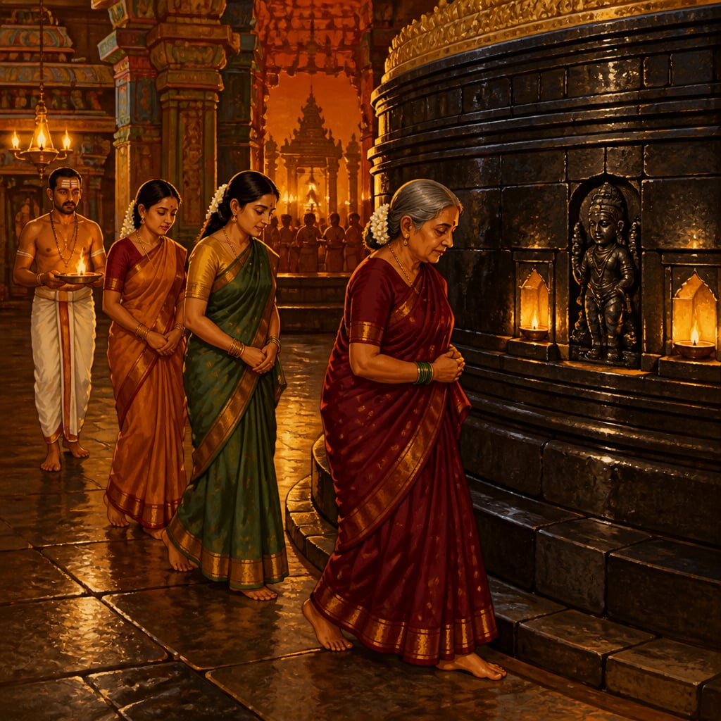 A Madurai grandmother walking pradakshina around the Meenakshi sanctum