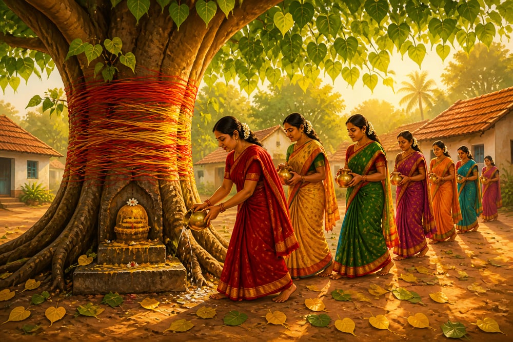 Village women walking pradakshina around a sacred peepal tree