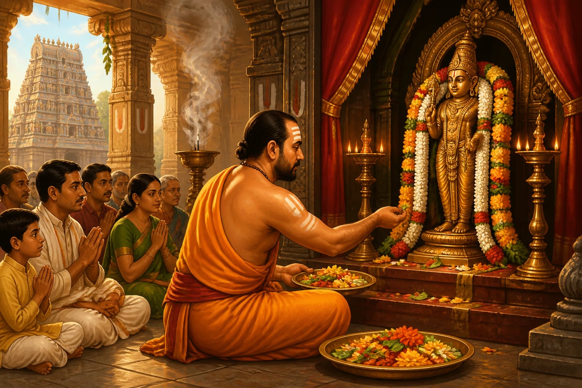 A Vaishnava priest reciting the Vishnu Sahasranama with flower offerings