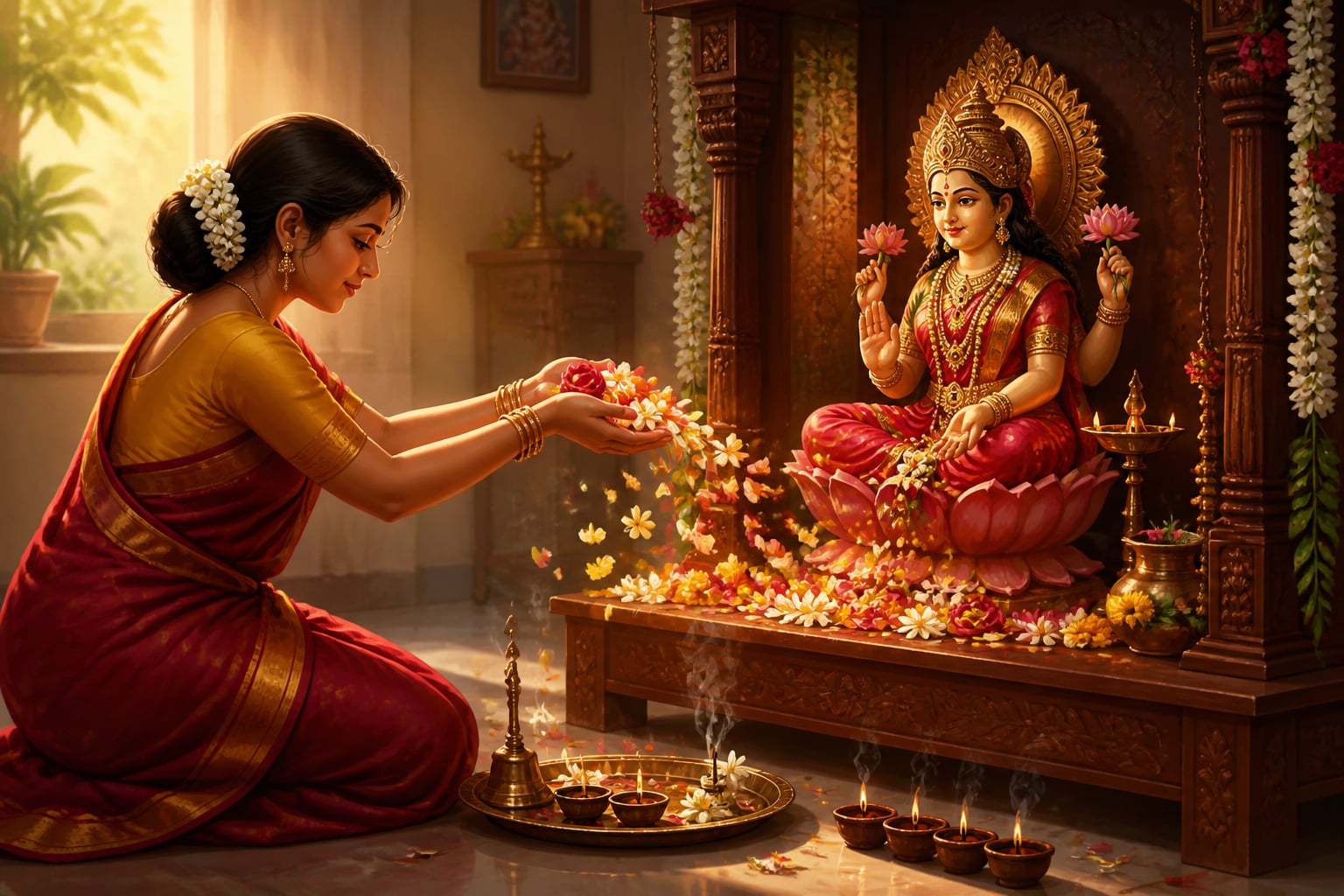 A devotee releasing cupped flowers at the feet of a Lakshmi murti