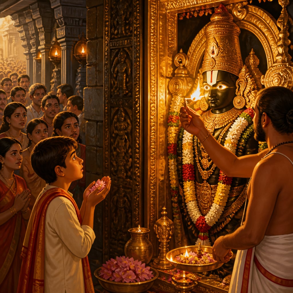 A devotee in mutual darshan with the Tirumala Venkateshwara deity