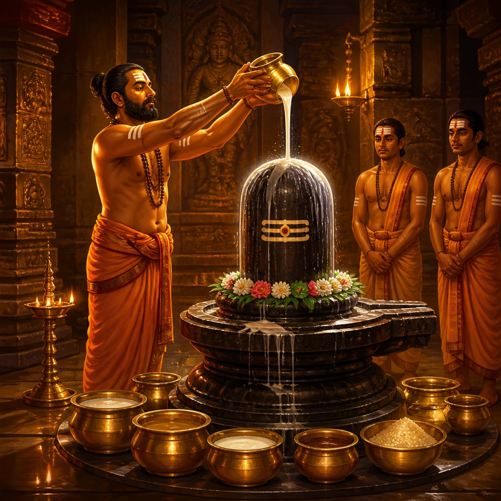 A priest pouring the first abhishekam pot over the Brihadeeswara Shiva linga at dawn
