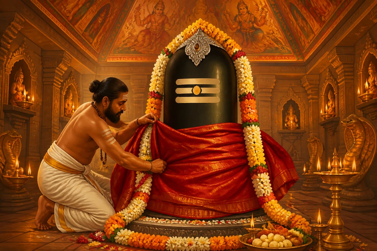 The Shiva linga dressed in silk and garlands during alankaram