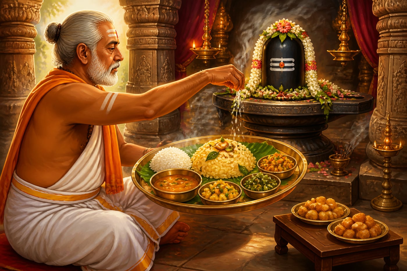A temple priest presenting the day's naivedya thali before the Shiva linga