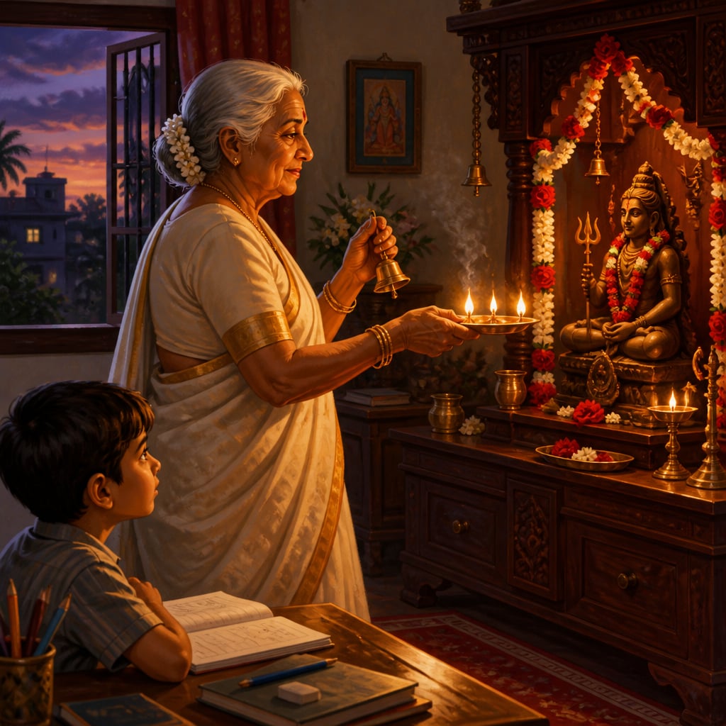 Saraswati Patti circling the camphor aarti before her home altar at sandhya, 1996